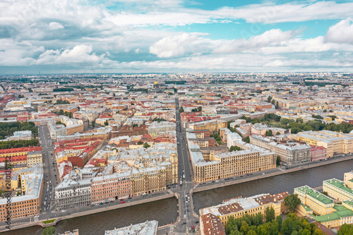 Aerial view from the height of the city center of St. Petersburg, the Fontanka River and in the distance St. Isaac's Cathedral.