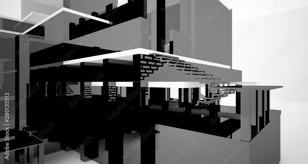 Abstract architectural white and black gloss interior of a minimalist house with large windows.. 3D illustration and rendering. Abstract architectural white and black gloss interior of a minimalist house with large windows.. 3D illustration and rendering.