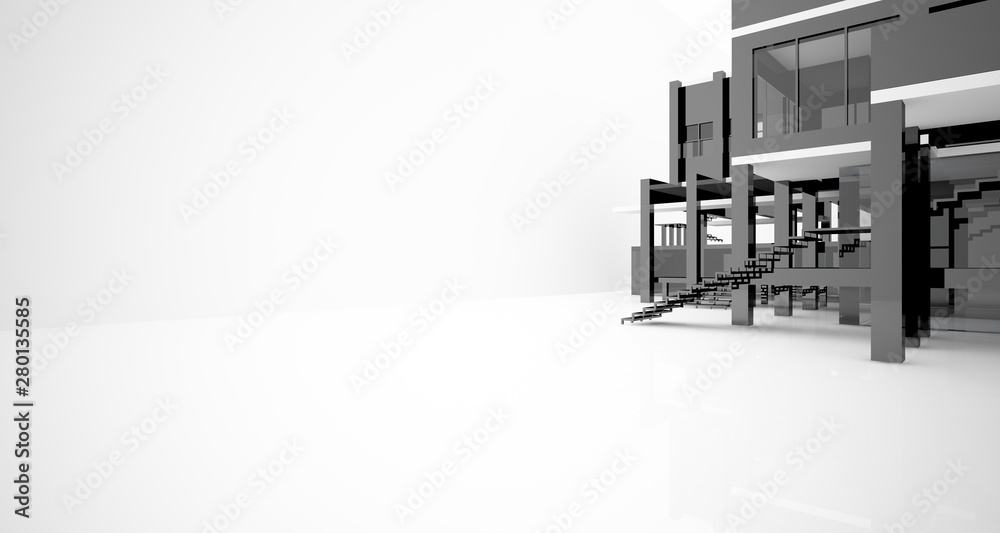 Abstract architectural white and black gloss interior of a minimalist house with large windows.. 3D illustration and rendering. Abstract architectural white and black gloss interior of a minimalist house with large windows.. 3D illustration and rendering.