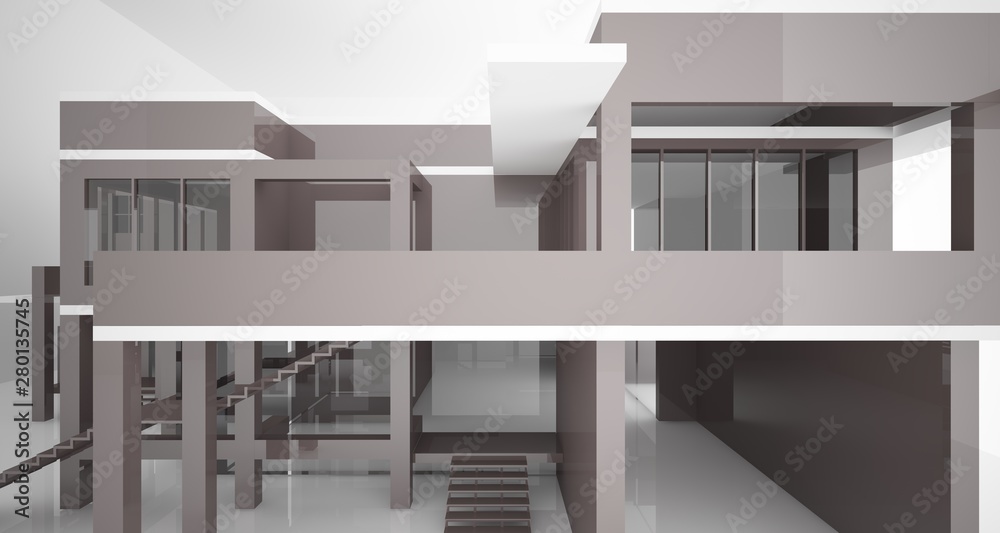 Abstract architectural white and brown gloss interior of a minimalist house with large windows.. 3D illustration and rendering. Abstract architectural white and brown gloss interior of a minimalist house with large windows.. 3D illustration and rendering.