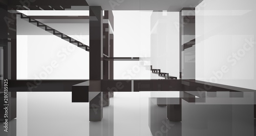 Abstract architectural white and brown gloss interior of a minimalist house with large windows.. 3D illustration and rendering.