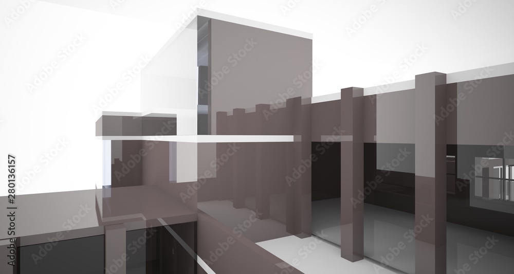Abstract architectural white and brown gloss interior of a minimalist house with large windows.. 3D illustration and rendering. Abstract architectural white and brown gloss interior of a minimalist house with large windows.. 3D illustration and rendering.