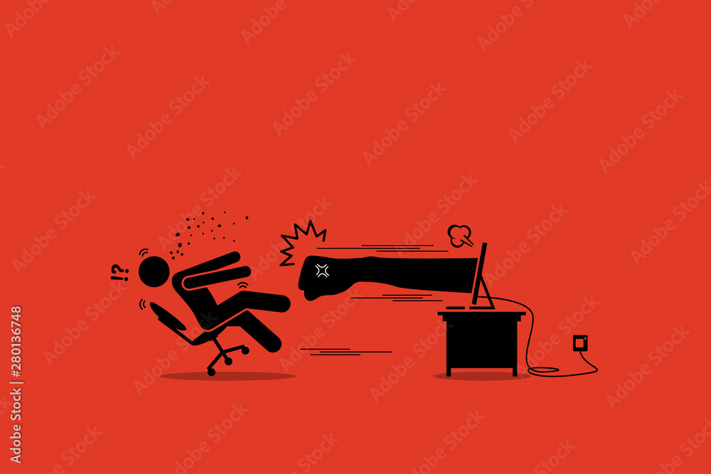 Stick figure man being punched by an angry hater fist flying out from the computer monitor screen. Vector artwork concept depicts social media, anger, cyberbully, hate, Internet, and harm. - obrazy, fototapety, plakaty 
