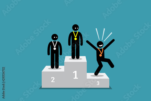 The stick figure person in third place is happier than the people in the first and second place. Vector artwork concept depicts state of mind, happiness, choose to be happy, positive,  and grateful.