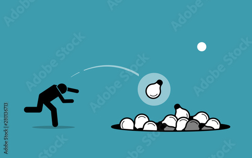 Stick figure man throwing away unwanted ideas into a hole. Vector concept artwork depicts ditching useless and unworkable ideas.