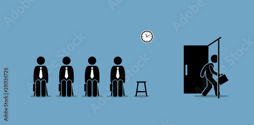 Job interview candidates waiting outside the room and a candidate walking through the door. Vector artwork concept depict job recruitment, hiring, employment, job interview, and career opportunity.