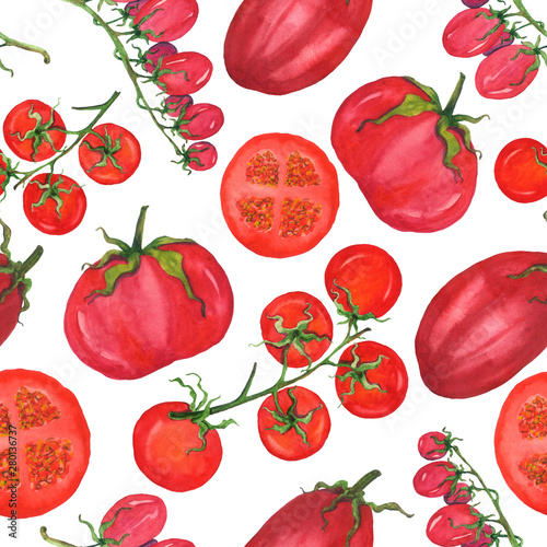Tomatoes pattern watercolor handmade illustration on a white background.
