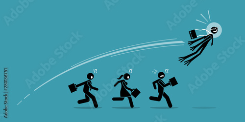 Businessman turns into frog and jump over all his competitors in one leap. Vector artwork concept depicts business leapfrog, overtake, advancement, success innovation, breakthrough, and winning.