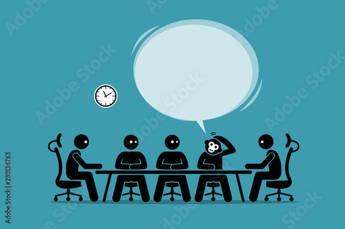 Funny monkey businessman talking and suggesting its idea in a business meeting with humans. Vector concept artwork depicts intelligent, stupid, funny, idiot, creative, and innovative idea.