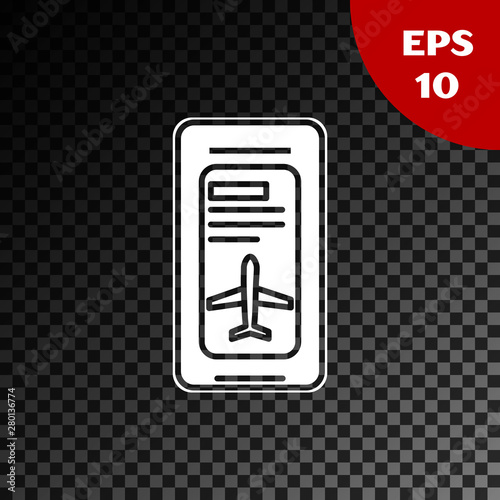 White Smartphone with electronic boarding pass airline ticket icon isolated on transparent dark background. Passenger plane mobile ticket for web and app. Vector Illustration