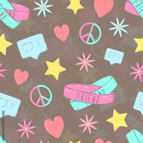  Seamless pattern with friendship bracelets, peace sign and other signs.