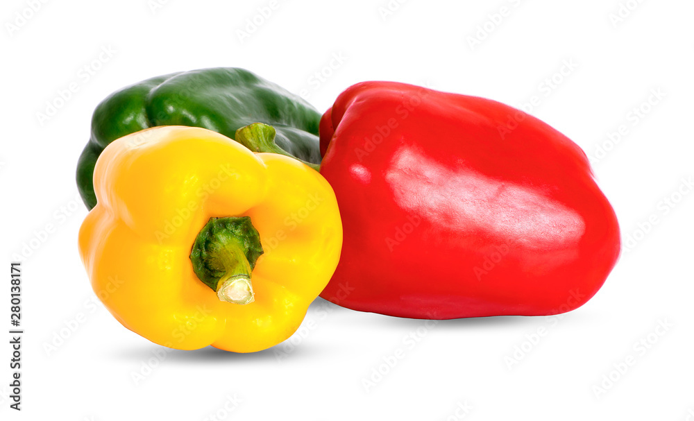 three bell peppers isolated on white background clipping path