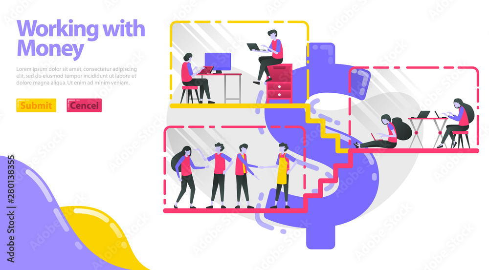 Illustration of working with money. People work, do activities and interact in dollar building. People work in the workplace. Flat vector concept for Landing page, website, mobile, apps ui, ux, poster
