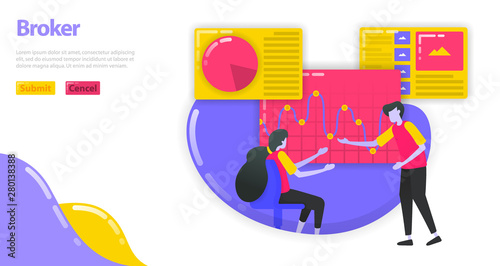 Illustration of an investment broker. People are reading and analyzing chart to choose stock and money market investment. Investment manager gives advice. Flat vector concept for Landing page, website