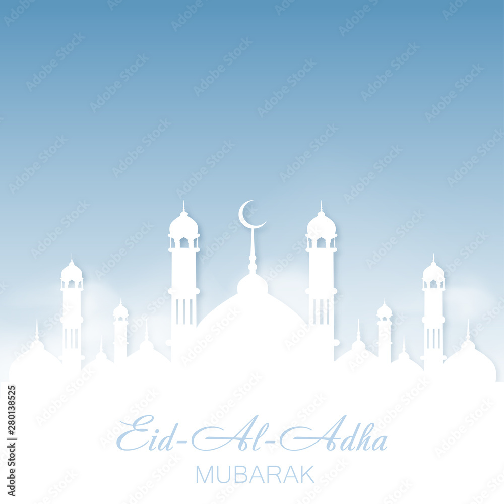 Eid Al Adha Mubarak greeting card with Mosque and sky. Vector