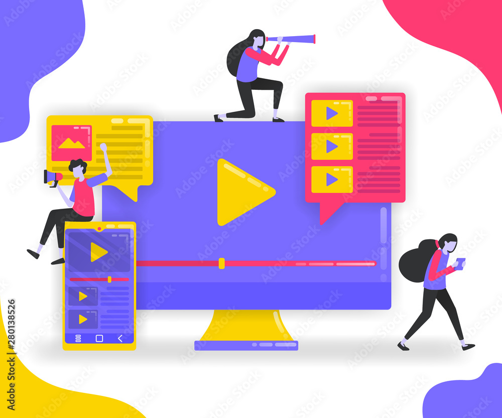 Fototapeta premium Illustration of play button and playlist. Monitor and smartphone with suscribe video, influencers looking for followers with video platform. flat vector concept for Landing page, website, mobile apps