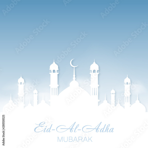 Eid Al Adha Mubarak greeting card with Mosque and sky. Vector
