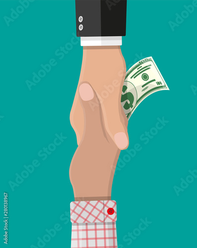 Hand giving money to other hand. Handshake. Hidden wages, salaries black payments, tax evasion, bribe. Anti corruption concept. Vector illustration in flat style