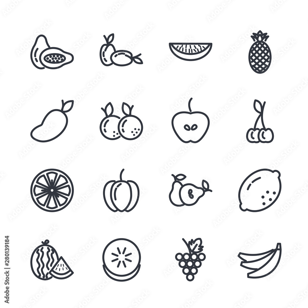 Set of Fruits Vector Line Icons. Fruits symbol illustration. Contains such Icons as Strawberry, Orange, Watermelon and more. Editable color. Set of Fruits Vector Line Icons. Fruits symbol illustration. Contains such Icons as Strawberry, Orange, Watermelon and more. Editable color.