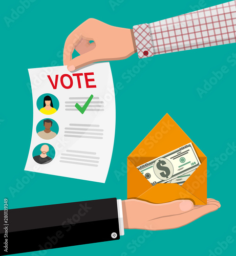 Voter and politician agreement. Voting ballot and envelope with money. Selling vote for election. Deal of election frauds. Bribe and corruption in election. Vector illustration in flat style