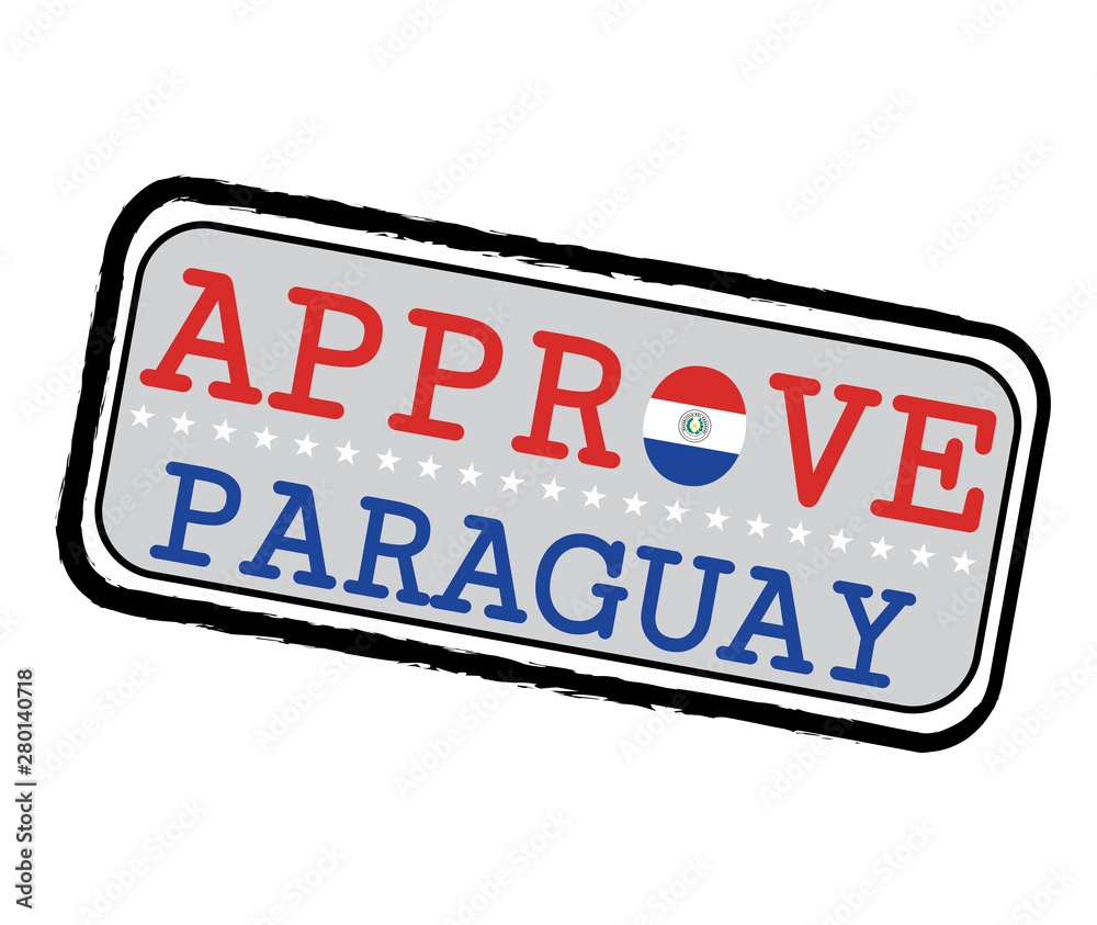 Vector stamp of welcome to Paraguay with map outline of the nation in center.