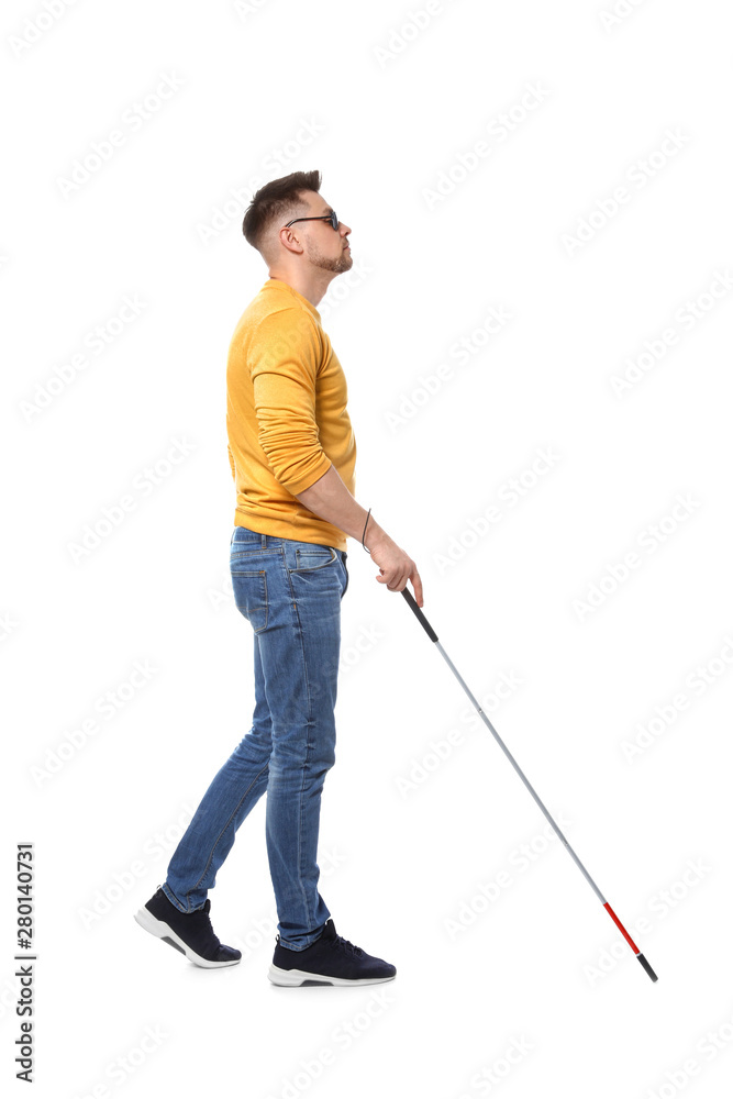 Blind man in dark glasses with walking cane on white background Blind man in dark glasses with walking cane on white background