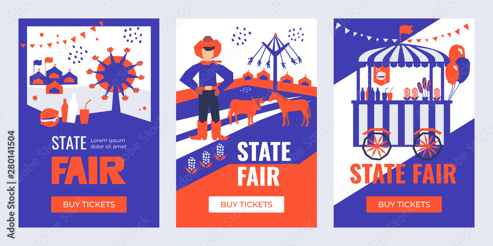 Vector illustrations of State Fair. Set of Banners with Buy Tickets button. Food market, car, ferris wheel, farm animals, farmer, country fair. Design template for invitation, advertisement, web site.