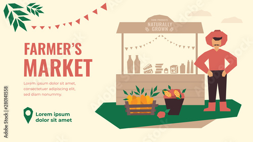 Vector illustration of farmer and farmers market. Selling fruit, vegetables, milk,oil,meat, cheese, farms food, local naturally grown products. Template for web page, banner,advert,print,flyer, poster