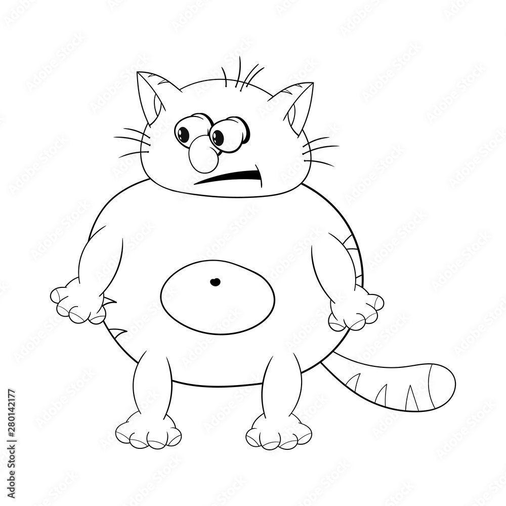 Fototapeta premium Funny cartoon fat cat standing and looking suspiciously. Black and white coloring