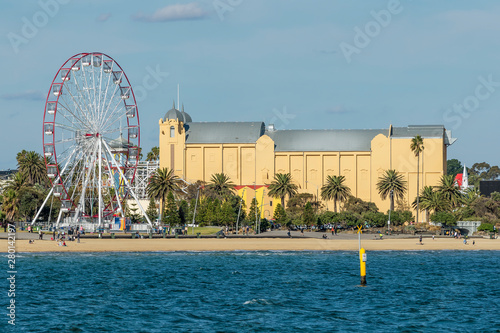 View of St. Kilda from the Pier with the beach  the Ferris wheel and the theater  Melbourne  Australia