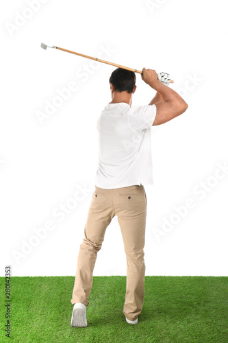 Young man playing golf on white background