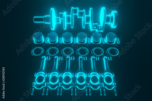 3D rendering. Crankshaft for 6v cylinders engine. Truck crankshaft on blue background. Engine bearing crankshaft with pistons and piston rings. photo