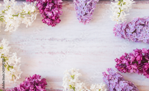 Lilac flowers bunch. Beauty fragrant Lilac Flowers bouquet with Copy space for your text