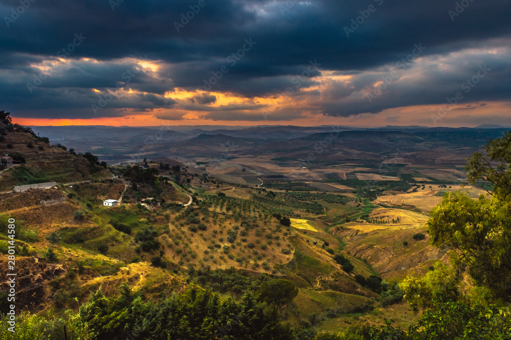 Wonderful Sicilian Landscape at Sunset During a Cloudy Day, Mazzarino, Caltanissetta, Sicily, Italy, Europe