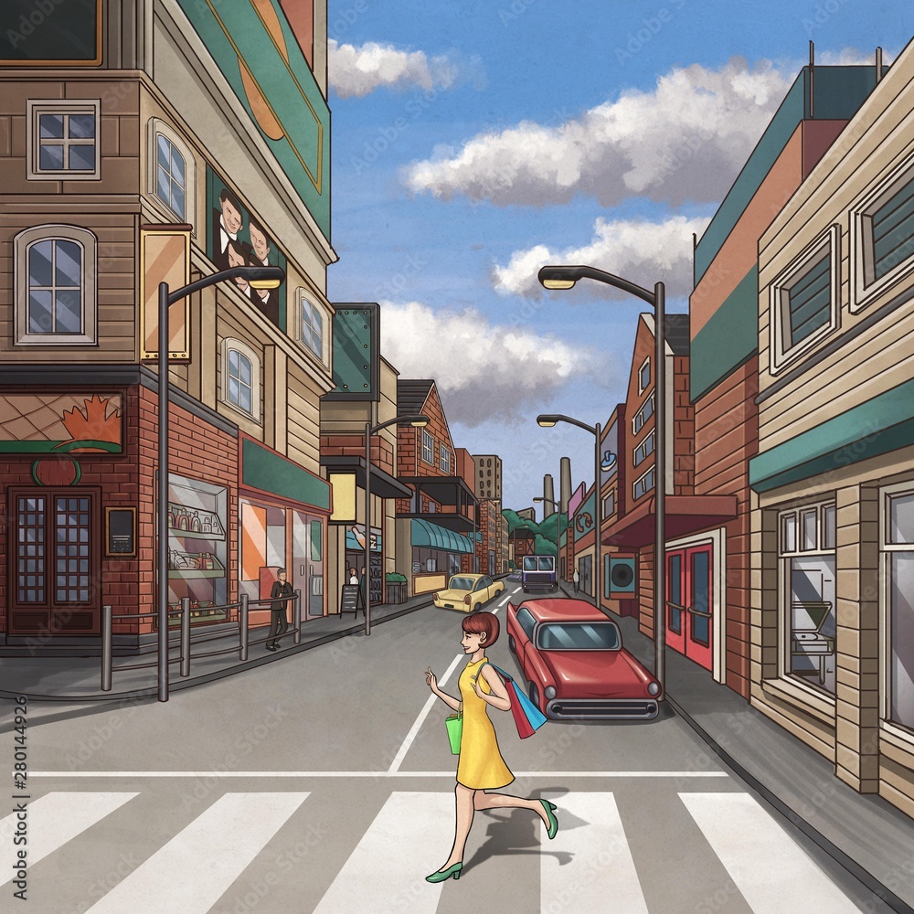 Street Scene. Retro Backdrop. Concept Art. Realistic Illustration. Video  Game Digital CG Artwork. Иллюстрация Stock | Adobe Stock