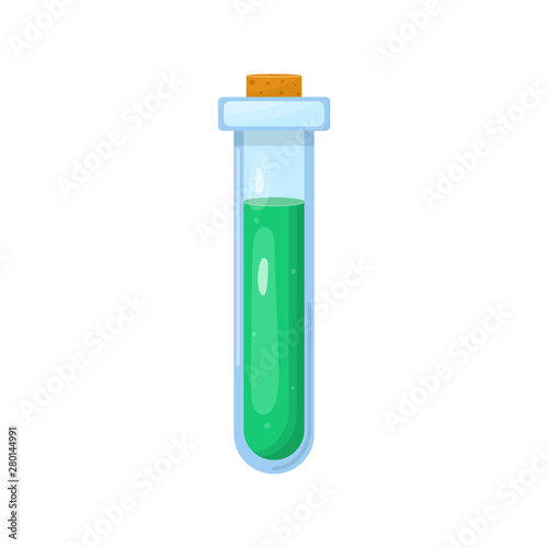 Magic potion in bottle with green liquid isolated on white background. Chemical or alchemy elixir. Vector illustration for any design.