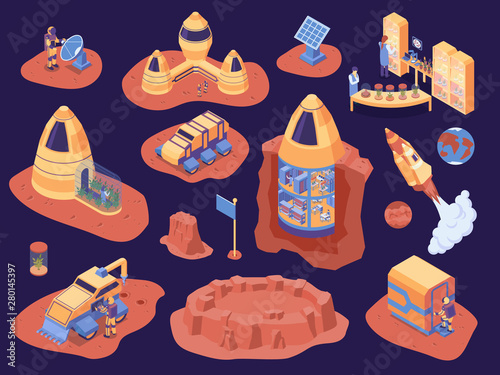 Isometric Mars Colonization Color Icon Set
