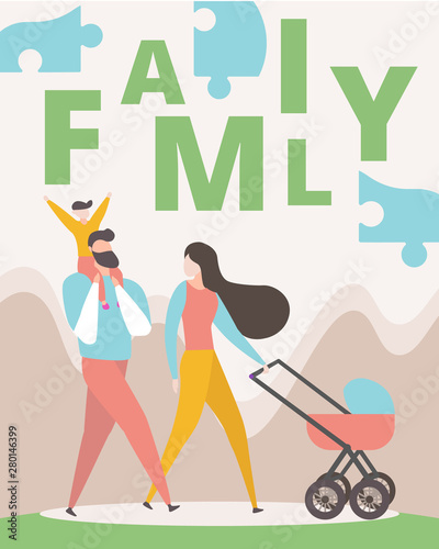 Happy Family Walking Together. Man, Woman, Kid