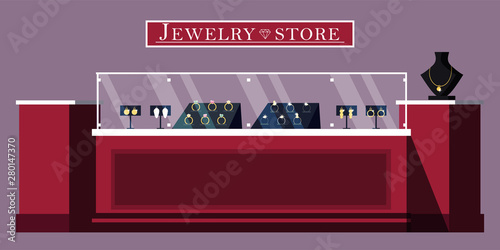Jewelry store showcase flat vector illustration