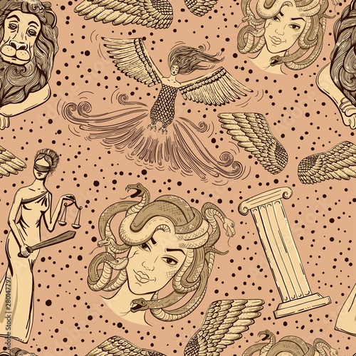 Hand drawn seamless pattern in Greek style. Goddess Themis, garpia, gorgon, columns, lion statue, wings. 