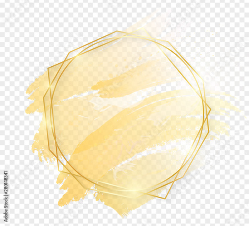Gold shiny glowing art frame with golden brush strokes isolated on transparent background. Golden luxury line border for invitation, card, sale, fashion, wedding, photo etc. Vector illustration