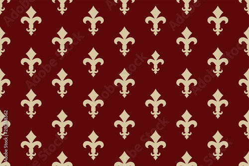 Vintage luxury Fleur-de-lis seamless royal background. France historic  ornamental pattern with heraldic symbol Fleur de Lis. Red and gold style immaculate virgin symbolics. Vector illustration