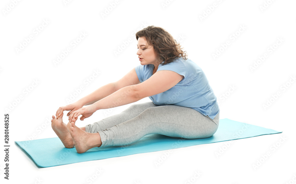 Overweight woman training on white background Overweight woman training on white background