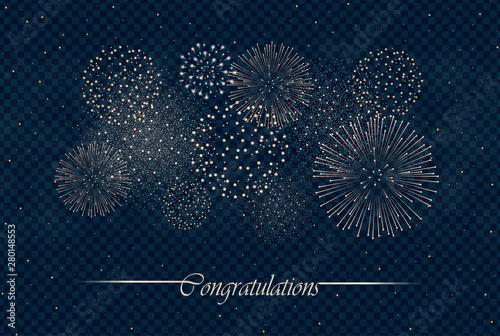 Big realistic firework show isolated on transparent night sky background. Independence day concept. Congratulations background. Luxury abstract. Explosion concept. Galaxy show. Vector illustration