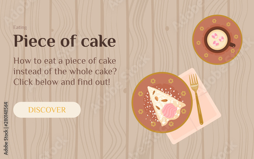 A template for a banner featuring a flat icon of cake and a cup of coffee with marshmallow.