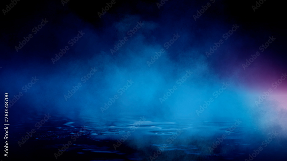 Wet asphalt, reflection of neon lights, a searchlight, smoke. Abstract light in a dark empty street with smoke, smog. Dark background scene of empty street, night view, night city.