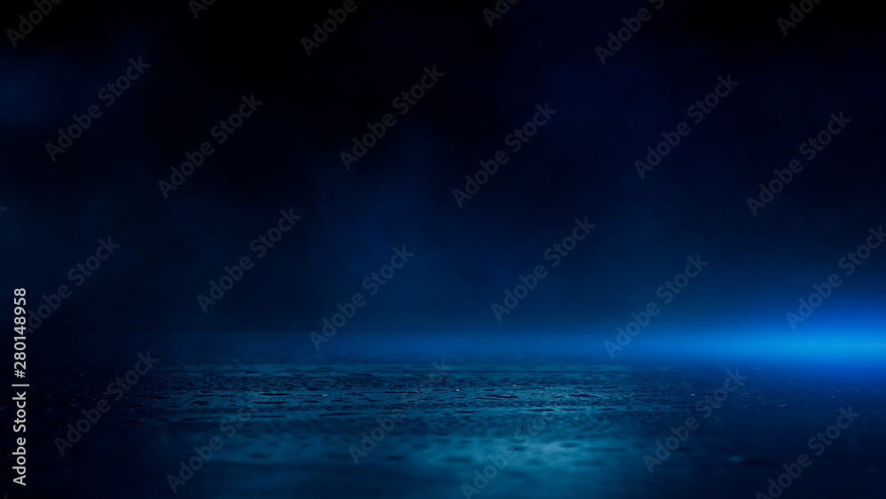 Wet asphalt, reflection of neon lights, a searchlight, smoke. Abstract light in a dark empty street with smoke, smog. Dark background scene of empty street, night view, night city.