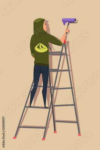 Street artist on ladder flat vector illustration