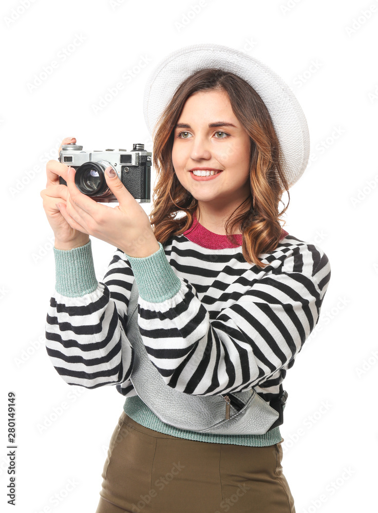 Female tourist with photo camera on white background