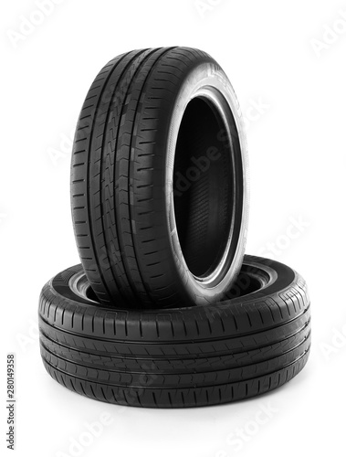 Rubber car tires on white background